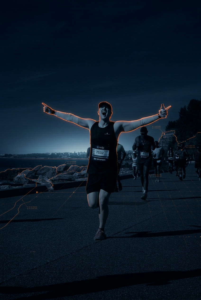 Sean Keough with arms outstretched on a coastal road at the Lisbon Marathon, in a dark navy and neon orange digital style